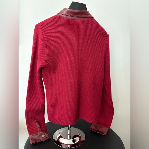 Vintage Burgundy Zip Sweater Jacket. Ribbed Knit with faux Leather Trim. Sz L - Picture 2 of 5